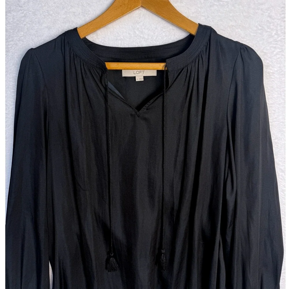 LOFT Women Black Long Sleeve Tassel Tie V-Neck Boho Blouse Top Size‎ S